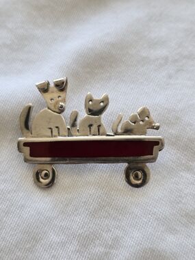 Anne & Jane Harvey Sterling Silver & Red Enamel Animal Brooch Pin. Pets In Wagon